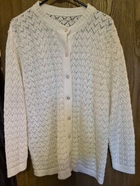 Vtg White Cardigan Sweater Feminine Loose Cable Knit Grandma Cottage Core 2X XL